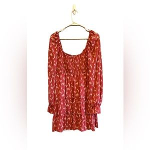 Allison and Kelly- Smocked Dress with Sheer Sleeves. Large. Maroon/White